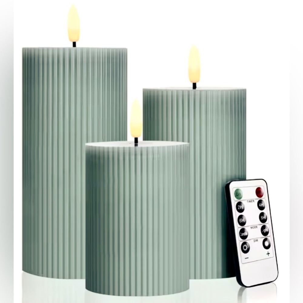 3D Flameless Led Candles w/Remote Green  Battery Real Wax 3x Ribbed Pillar New